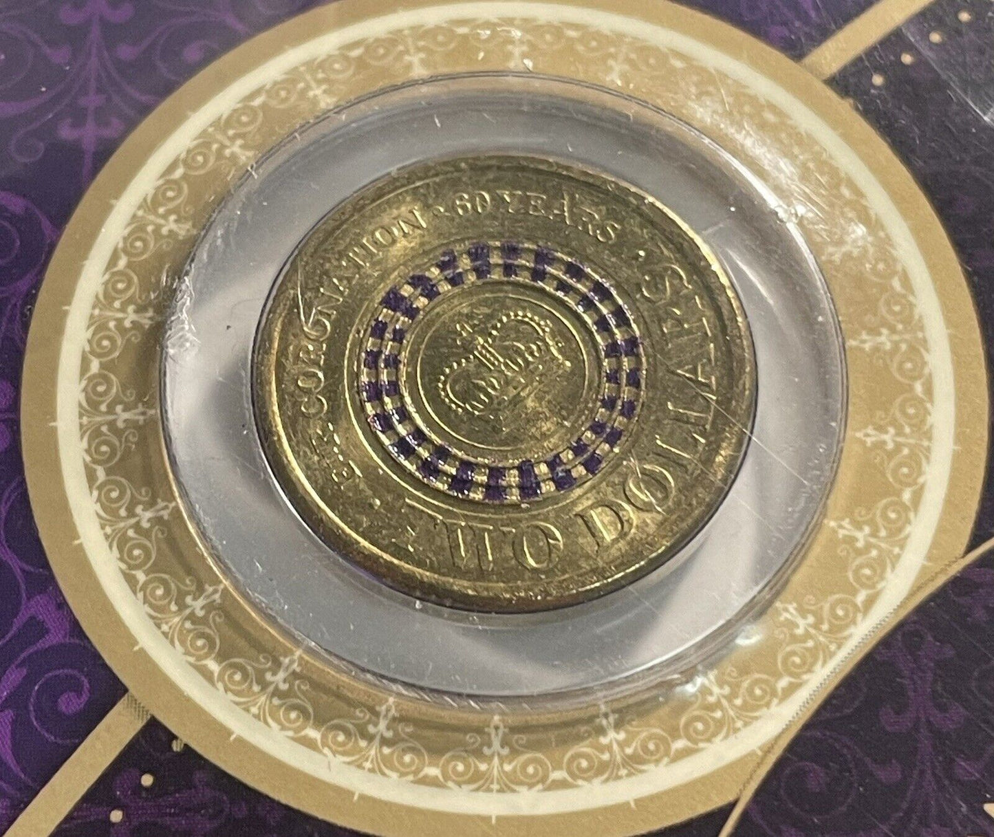 2013 Purple Coronation $2 Two Dollars UNC Coin on Downies Sherwood Card