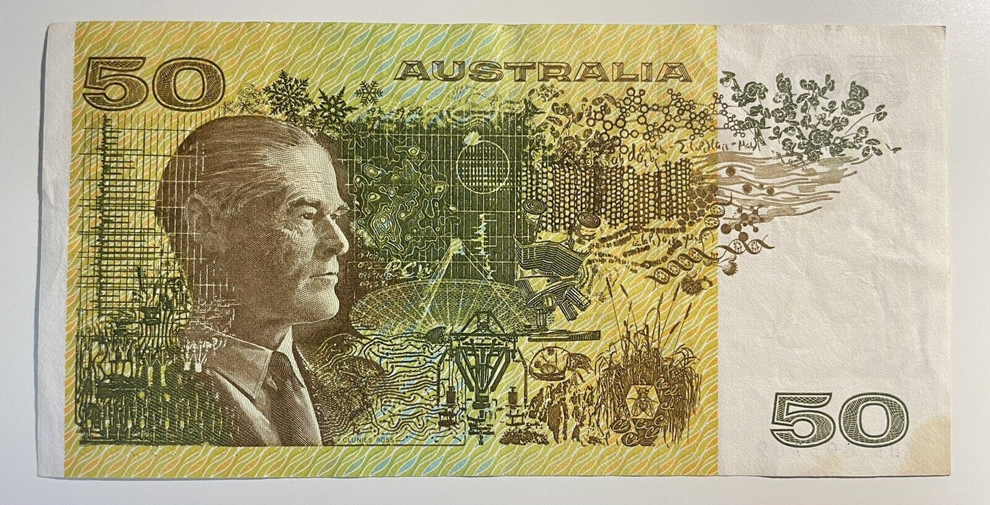 1985 Johnston/Fraser $50 Fifty Dollars Australia YUR Prefix Paper Bank Note Circ