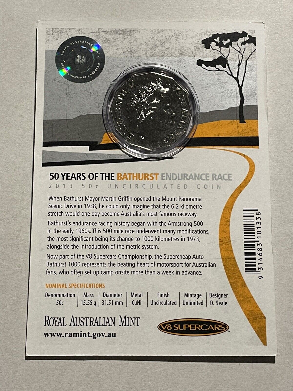 Australia 2013 50 Years of Bathurst Endurance Race RAM UNC 50c Coin Card