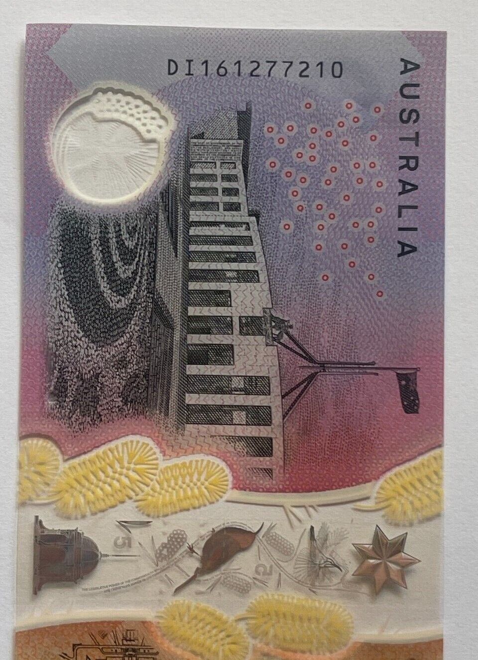 5 dollar note Australia 2016 "127721" RADAR serial