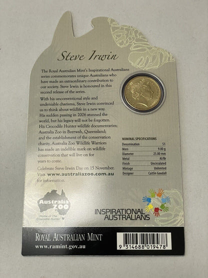 2009 Australia $1 Unc Inspirational Australians Steve Irwin Coin-Original Card