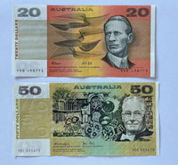 20 Australia $20 Twenty & $50 Fifty Dollar Paper Banknote TWO OF EACH Circ Pair