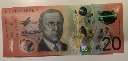 20 dollar note australia Pair AA EA 2019 LOWE/GAETJENS