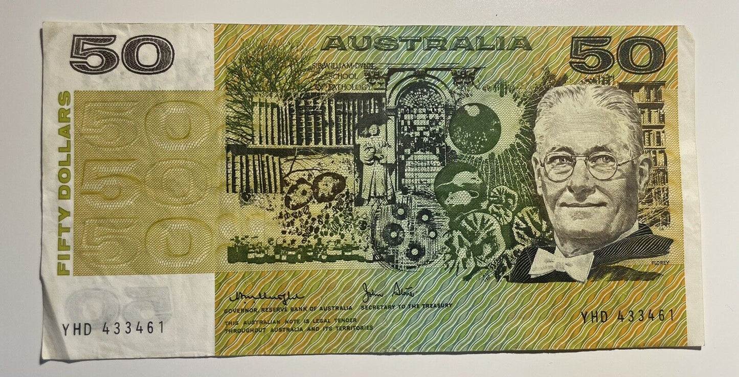 1979 Knight/ Stone $50 Fifty Dollars Australia YHD Prefix Paper Bank Note Circ