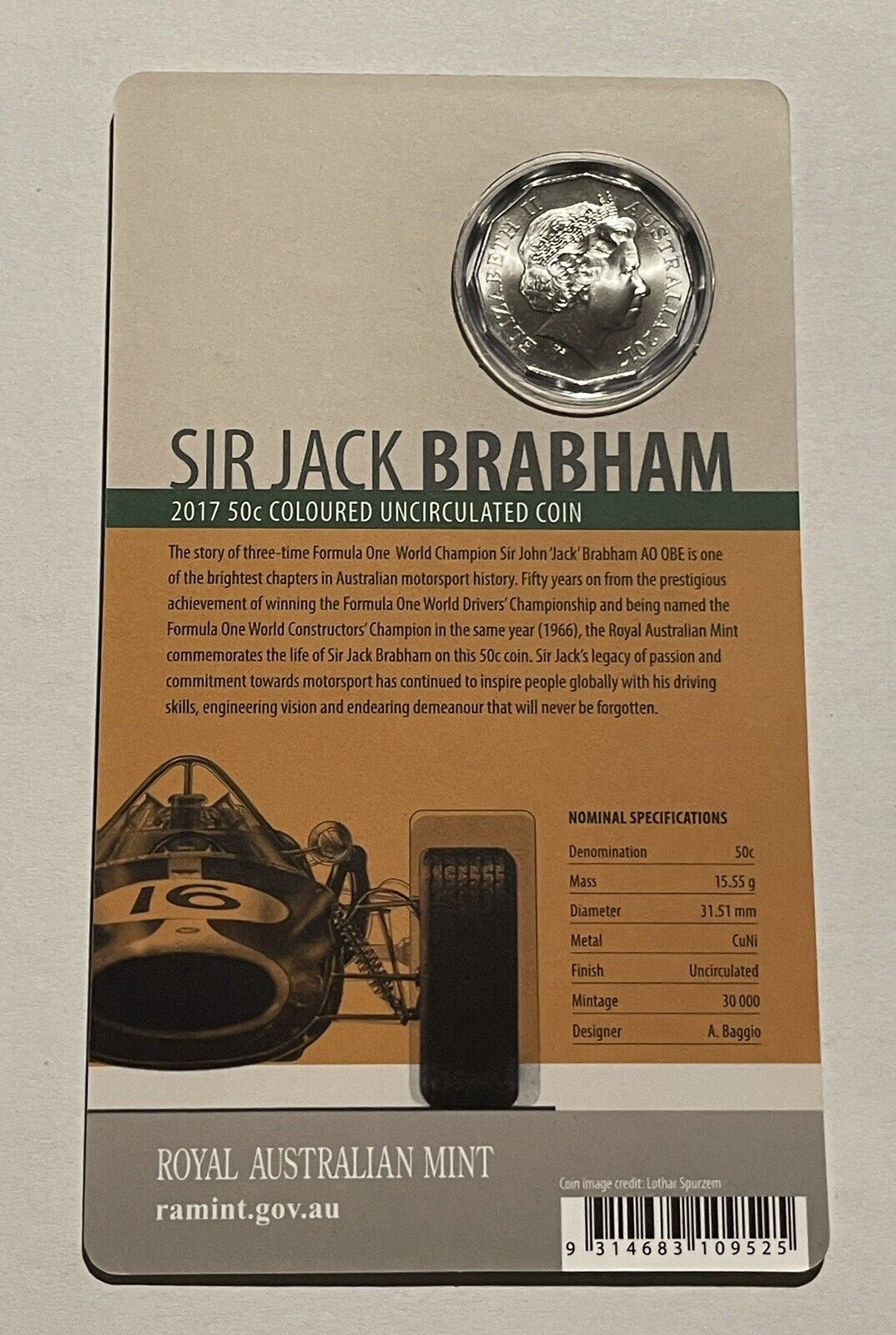 Australia 2017 Sir Jack Brabham 50c Coloured Uncirculated Coin on RAM Card