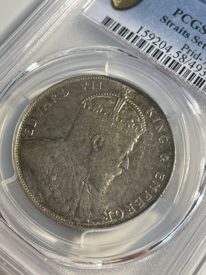 1908 PCGS AU58 Straits Settlements, King Edward VII $1 One Dollar Prid-7 Scarce