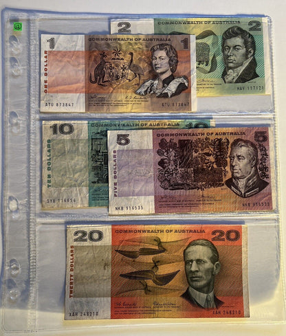 Commonwealth Of Australia Paper Banknotes $1, $2, $5, $10, $20, Circulated Set