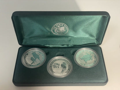 1999-2001 Australia Kookaburra 3x 1oz 999 Silver Coin Set  In Case Perth Mint