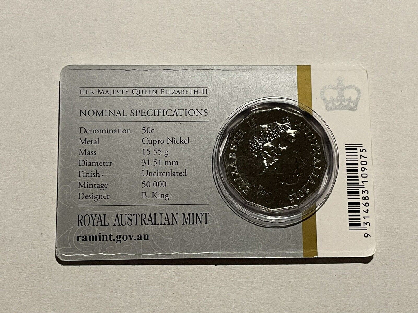 2015 Australia 50c UNC Carded Longest Reigning Commonwealth Monarch RAM Coin