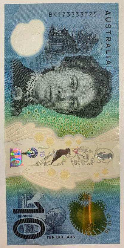 10 dollar note Australian 2017 "733337" RADAR Serial