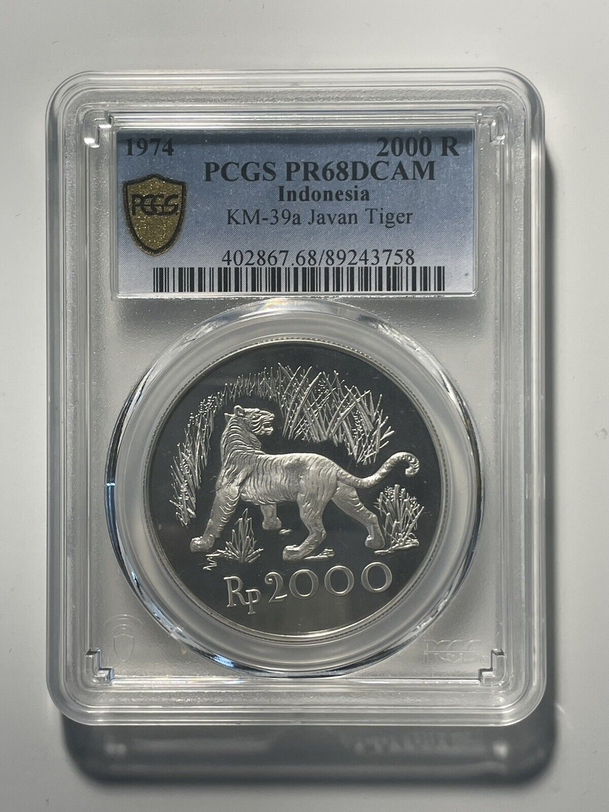 1974 Indonesia Proof PGCS Grade PR68 Javan Tiger WWF 2000rp Rupiah Silver Coin