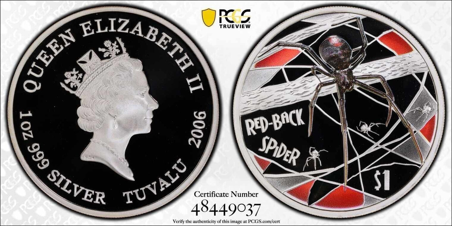 2006 $1 Tuvalu Deadly & Dangerous Red Back Spider 1oz Silver Proof PCGS PR70DCAM