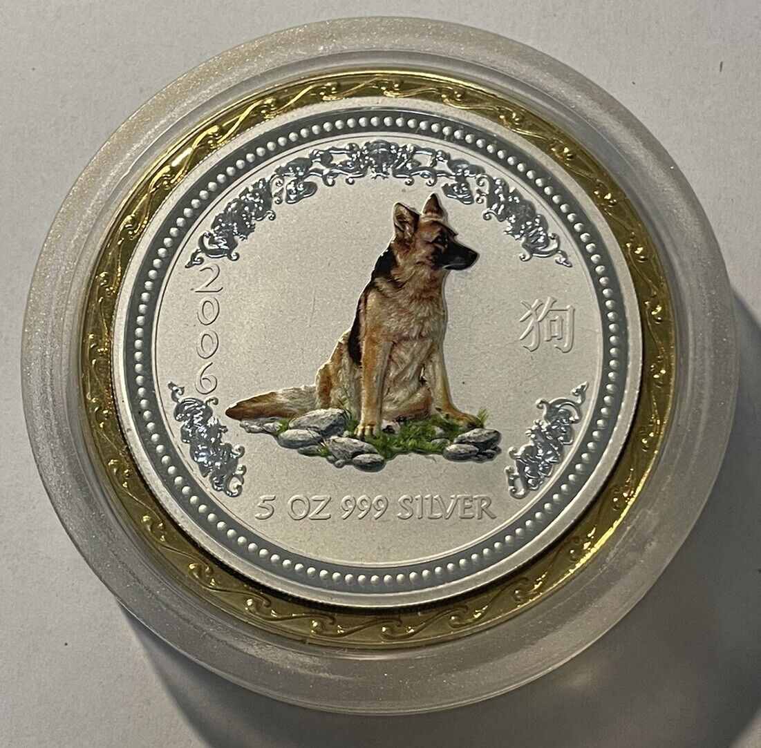 Australia 2006 Coloured Year Of Dog Lunar Series I $5 5oz Fine Silver 999