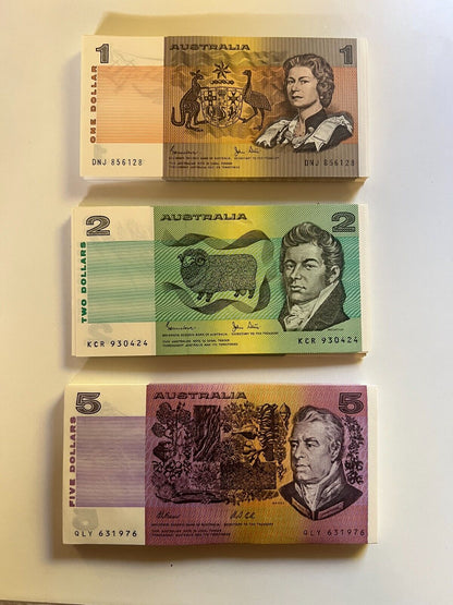 Australia $1 One, $2 Two, $5 Five NOTES -  ONE OF EACH NOTE Bank Bundle UNC