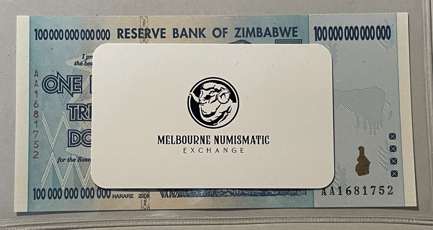 Zimbabwe 100 Trillion Dollars 2008 Banknote UNC Uncirculated AA P91 Authentic