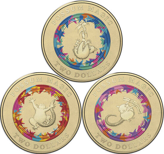 2017 $2 Two Dollar Coin Possum Magic Coloured 3 Coin set - CIRCULATED