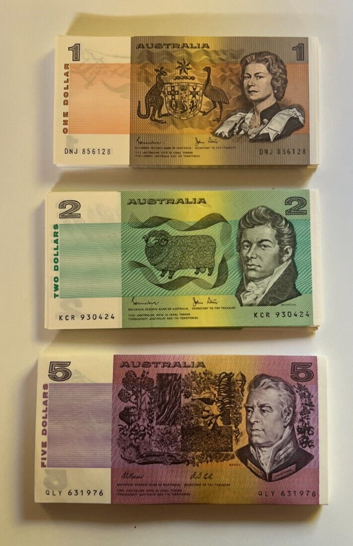 Australia $1 One, $2 Two, $5 Five NOTES -  ONE OF EACH NOTE Bank Bundle UNC