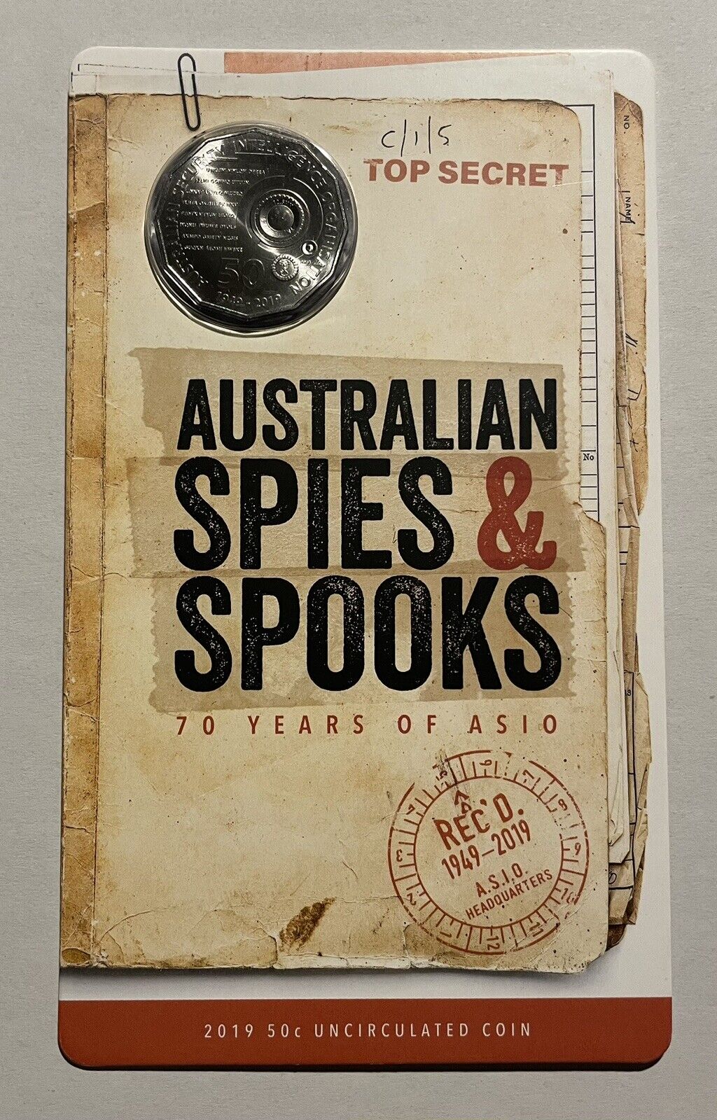 2019 50c 70 Years of Asio Carded Coin Australian Spies And Spooks RAM Card UNC