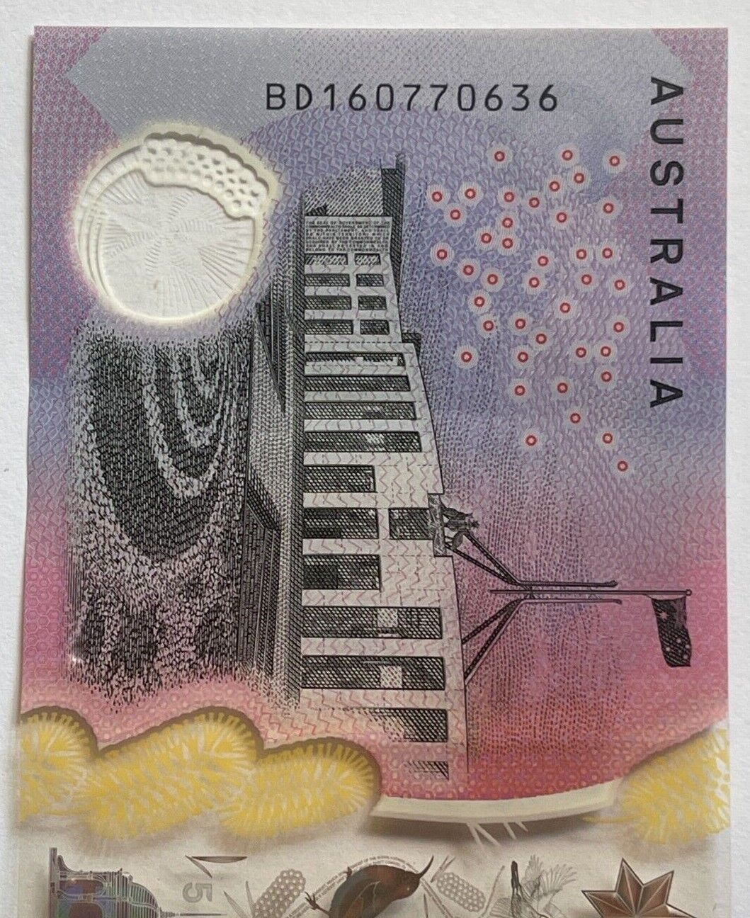 5 dollar note Australia 2016 "607706" RADAR serial