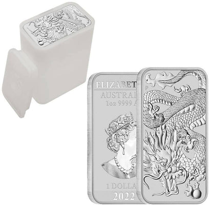 Australia Dragon Coin Bar 2022 1oz Silver Rectangular Bullion $1 Perth Mint