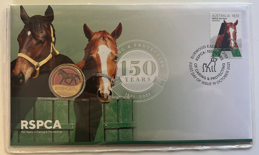 2021 RSPCA 150 Years Caring & Protecting Horse PNC/FDC RAM $1 color coin & Stamp