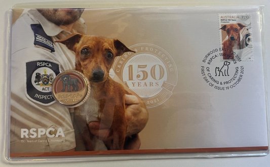 2021 RSPCA 150 Years Caring & Protecting 'DOG' PNC/FDC RAM $1 color coin & Stamp