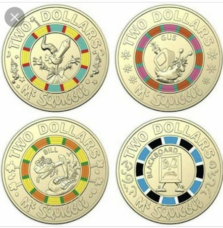 2019 $2 Dollar Coin Mr Squiggle Set 4 x $2 Coloured Coins CIRCULATED