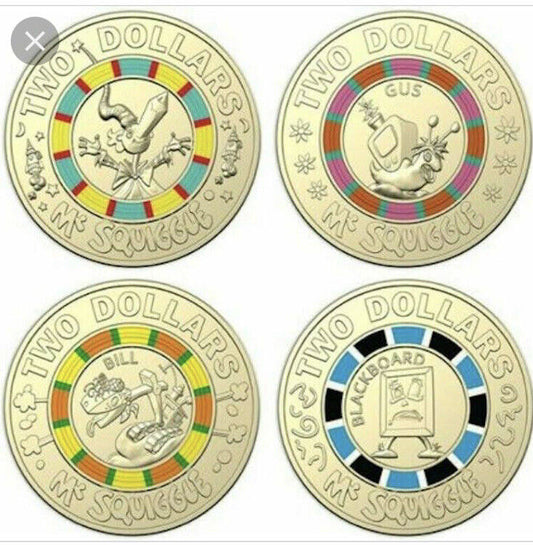 2019 $2 Dollar Coin Mr Squiggle Set 4 x $2 Coloured Coins CIRCULATED