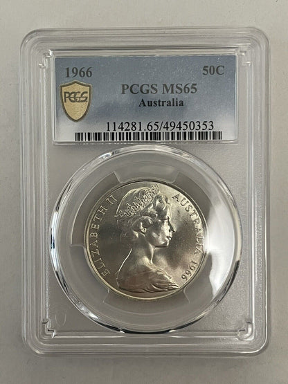 Australia 1966 50c Fifty Cents Coin Round 80% Silver PCGS Graded MS65