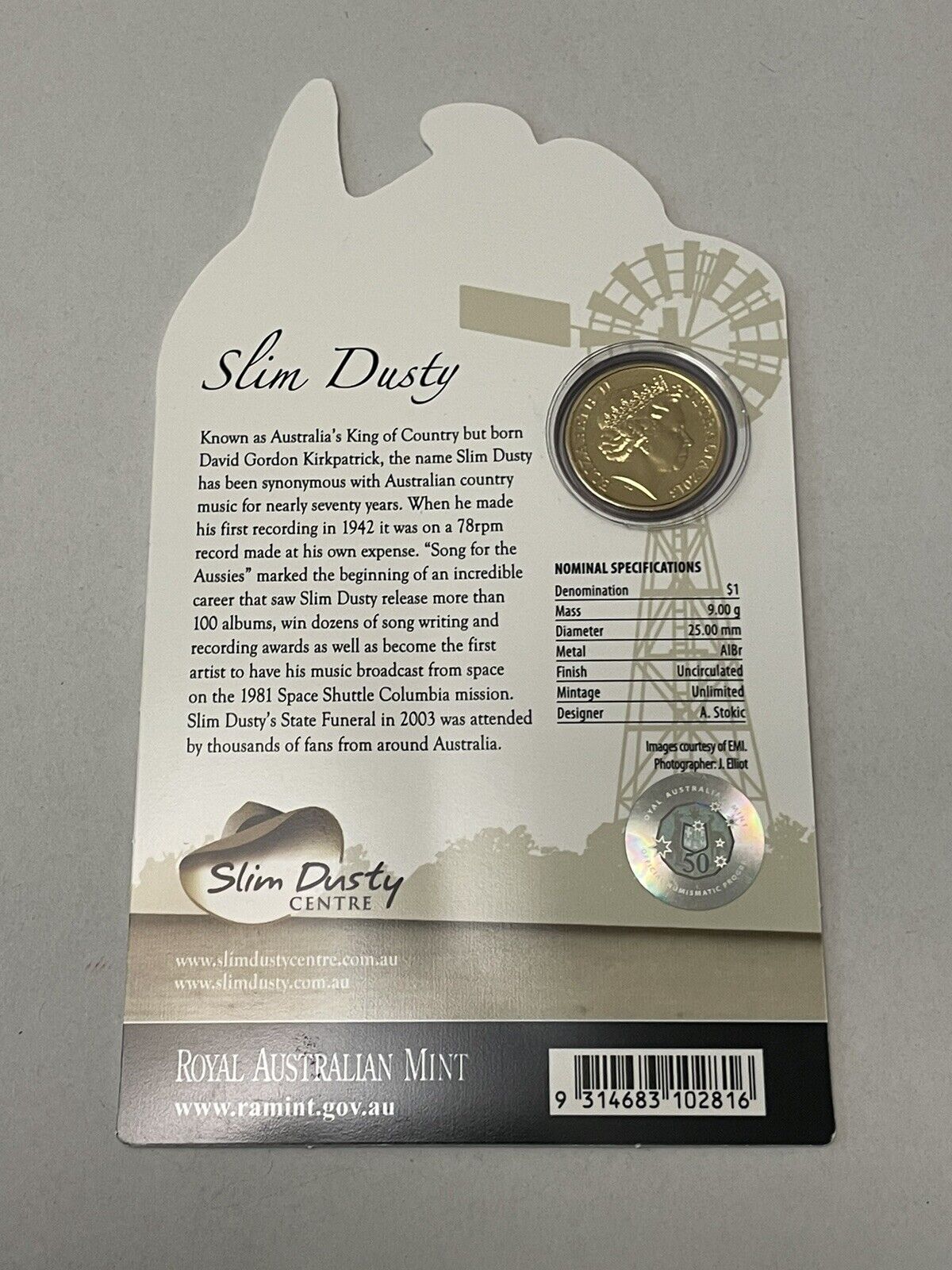 Royal Australian Mint Slim Dusty $1 coin Inspirational Australians 2013 release