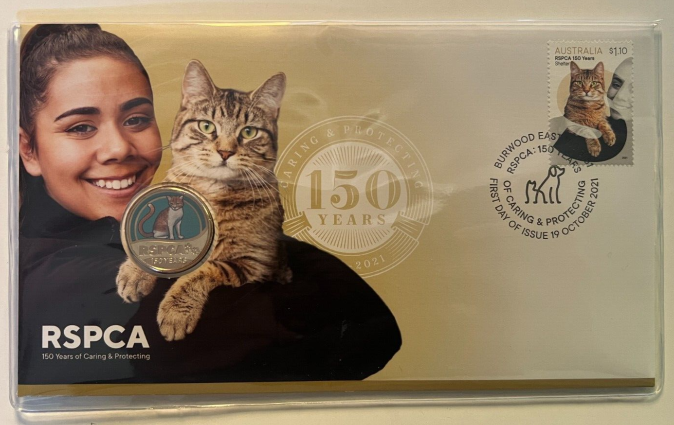 2021 Australia 150 Years of the RSPCA $1 Coin PNC - Stamp & Coin Cover - Cat