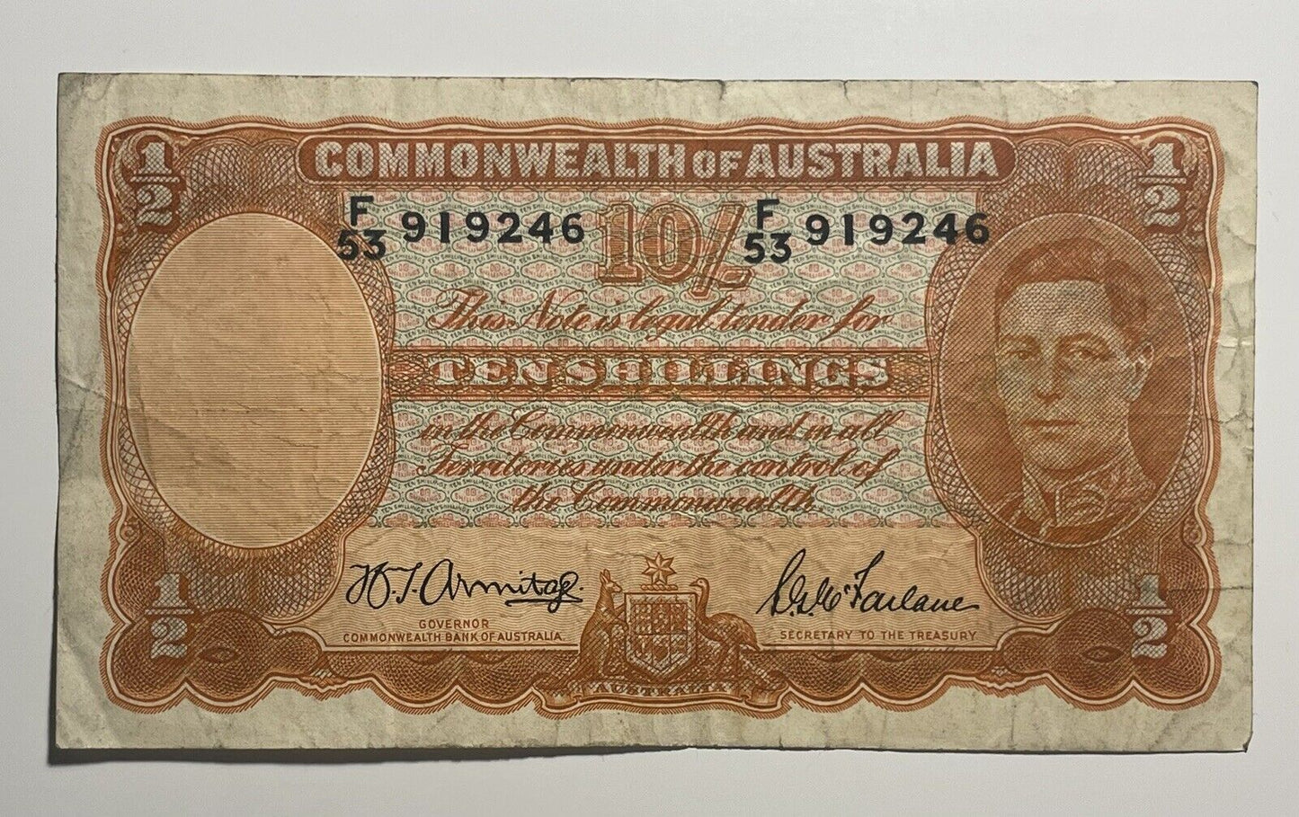 Australia 1949 Armitage Farlane Pre-Decimal Ten Shilling Paper Banknote Fine