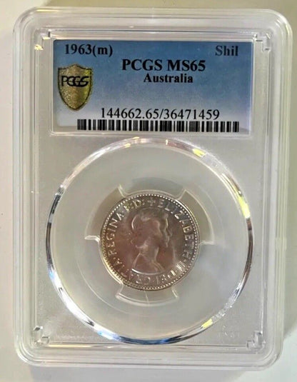 AUSTRALIAN 1963(M) SHILLING COIN  PCGS MS65 SLAB UNCIRCULATED GRADED PRE DECIMAL