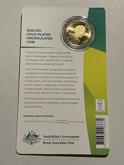 2022 Australian Commonwealth Games 50c Gold Plated Coin RAM Card UNC