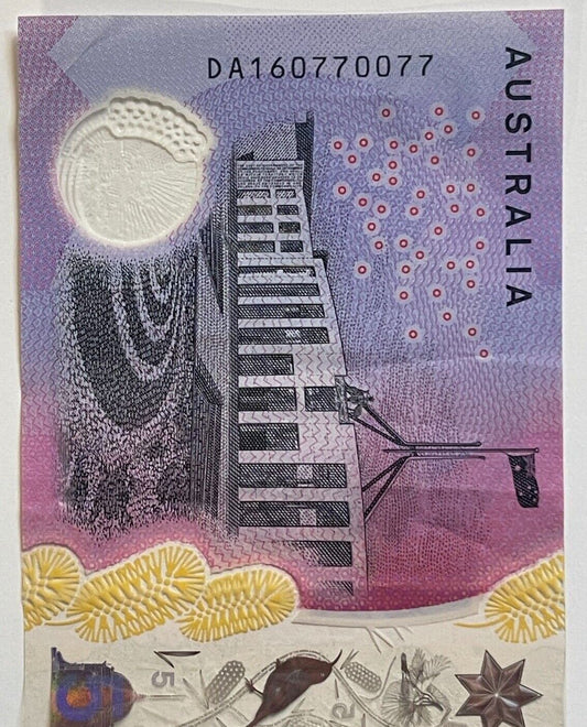 5 dollar note Australia 2016 "770077" serial