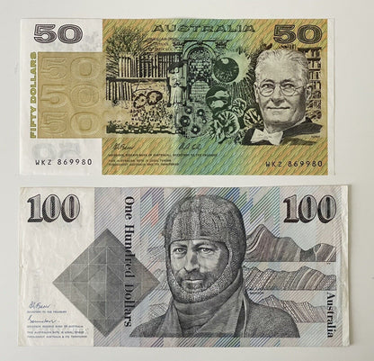 Australia $50 Fifty & $100 Hundred Paper Banknote ONE OF EACH Circ Pair