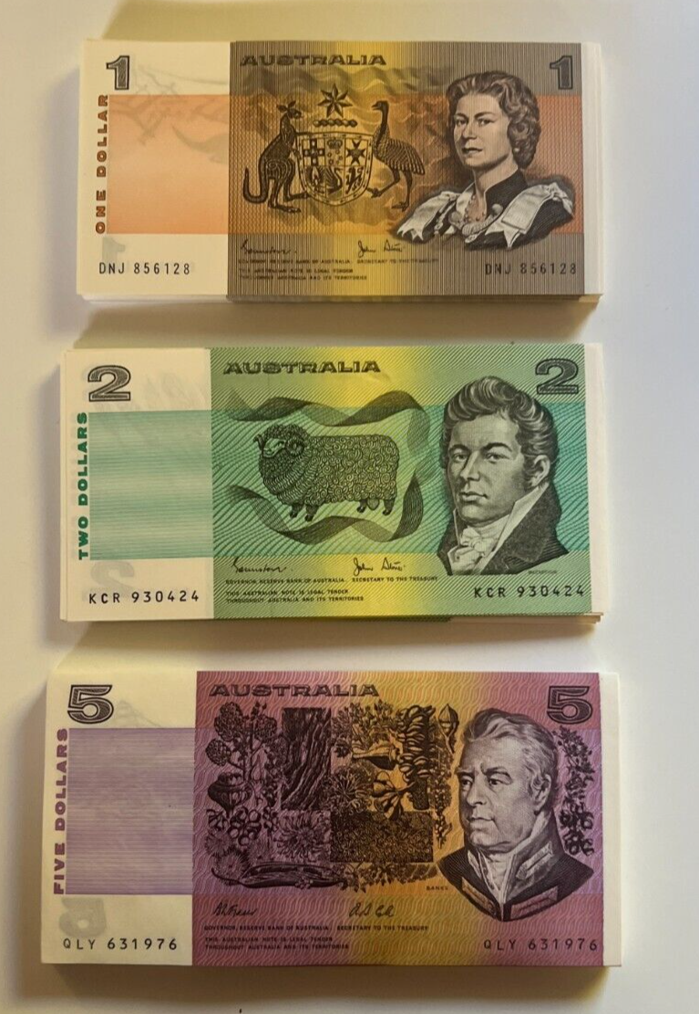 Australia $1 One, $2 Two, $5 Five NOTES -  ONE OF EACH NOTE Bank Bundle UNC