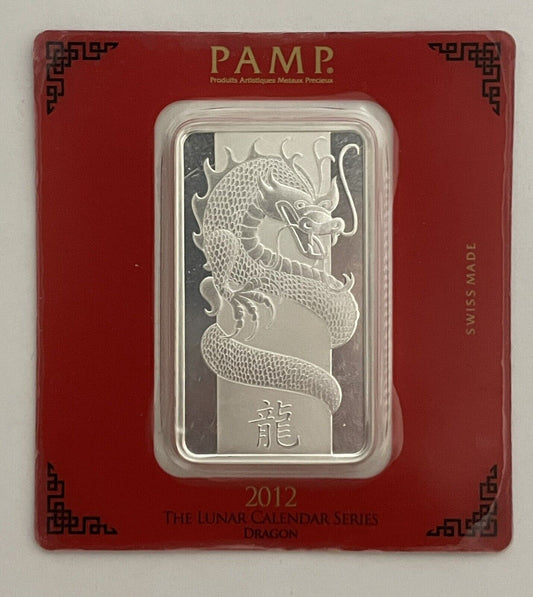 100g PAMP Suisse Lunar Year of the Dragon 2012 999 Silver Ag Bar Assay Card