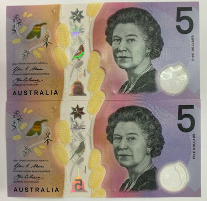 5 dollar note Australia 2016 consecutive serials a/UNC