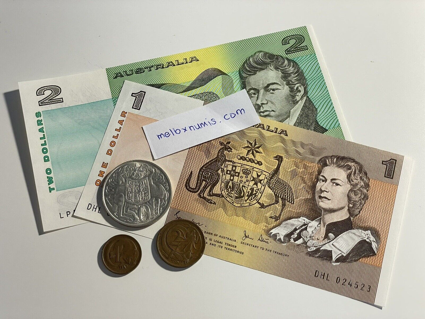 Australia DISCONTINUED Currency Set $1 & $2 Paper Notes 1c & 2c & Round 50c Coin