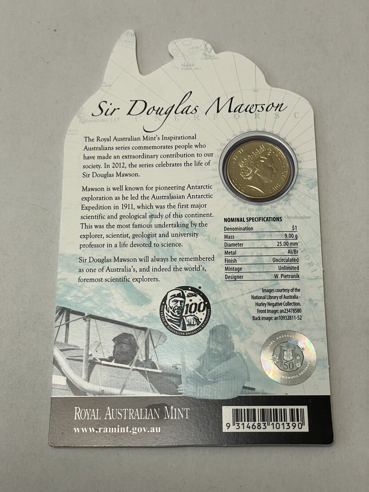 2012 Inspirational Australians - Sir Douglas Mawson. RAM $1 Coin RAM Card