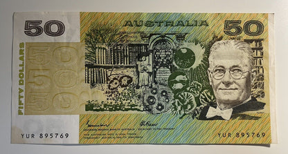 1985 Johnston/Fraser $50 Fifty Dollars Australia YUR Prefix Paper Bank Note Circ