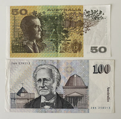 Australia $50 Fifty & $100 Hundred Paper Banknote ONE OF EACH Circ Pair