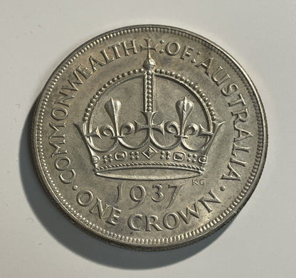 Australia 1937 Crown Sterling Silver Five Shillings 5/- Large Coin Scarce aUNC