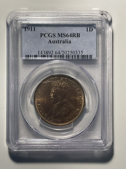 1911 (L) Australian One Penny 1d PCGS Graded MS64RB Choice UNC