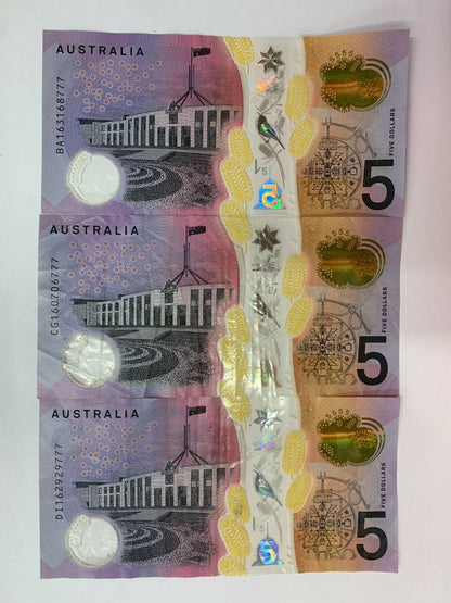 5 dollar note Australia 2016 "777" Ending Serials