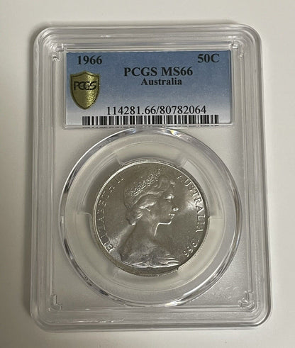 Australia 1966 50c Fifty Cents Coin Round 80% Silver PCGS Graded MS66