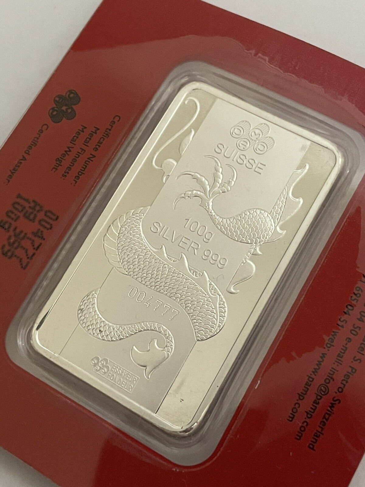 100g PAMP Suisse Lunar Year of the Dragon 2012 999 Silver Ag Bar Assay Card