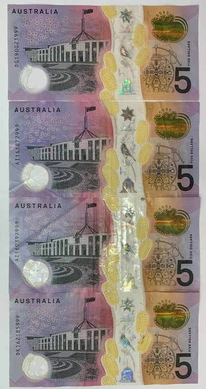 5 dollar note Australia 2016/2019 "999" Ending Serials