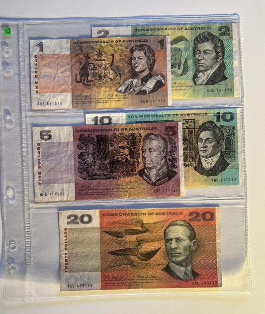 Commonwealth Of Australia Paper Banknotes $1, $2, $5, $10, $20, Circulated Set